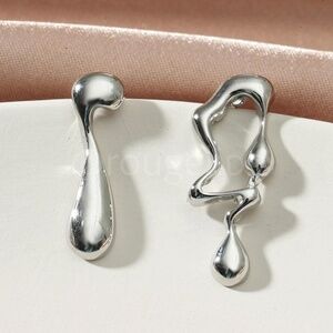 Silver Earrings Irregular Abstract Shape Asymmetric